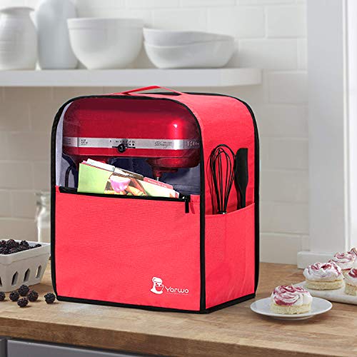Yarwo Cubierta para Batidoras Amasadoras, Cubierta para KitchenAid Robots de Cocina 5.7 y 7.6 L, Funda Visible para Batidoras Amasadoras, con Asa y Bolsillos, Rojo