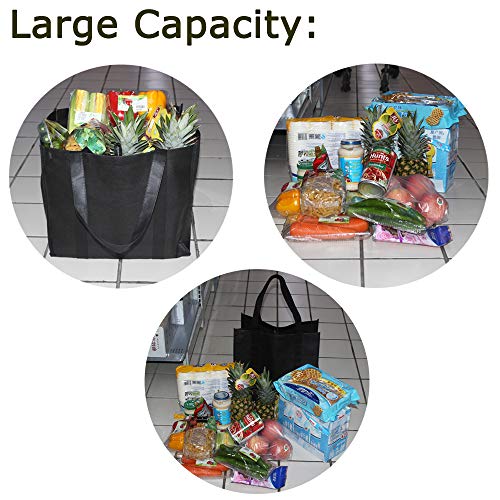 YBCPACK 6 bolsas reutilizables para comestibles con asas, bolsas para compras no tejidas, capacidad para 20 kg, bolsas de la compra plegables extra grandes y duraderas (negras, 38,1 x 25,4 x 35,5 cm)