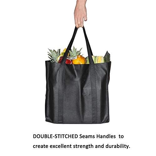 YBCPACK 6 bolsas reutilizables para comestibles con asas, bolsas para compras no tejidas, capacidad para 20 kg, bolsas de la compra plegables extra grandes y duraderas (negras, 38,1 x 25,4 x 35,5 cm)