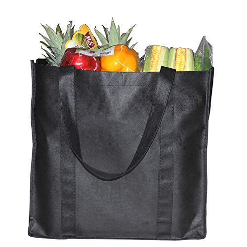 YBCPACK 6 bolsas reutilizables para comestibles con asas, bolsas para compras no tejidas, capacidad para 20 kg, bolsas de la compra plegables extra grandes y duraderas (negras, 38,1 x 25,4 x 35,5 cm)