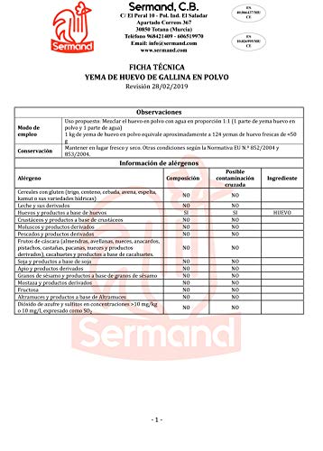 Yema de huevo en polvo. Bolsa de vacío de 1 Kg.