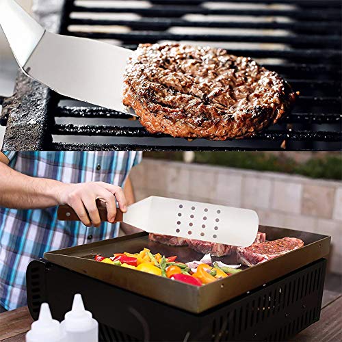 YFOX Utensilios de cocina con espátula de acero inoxidable,espátula con orificio,espátula oblicua con mango de madera,utilizada para barbacoa teppanyaki,es un buen ayudante en la cocina