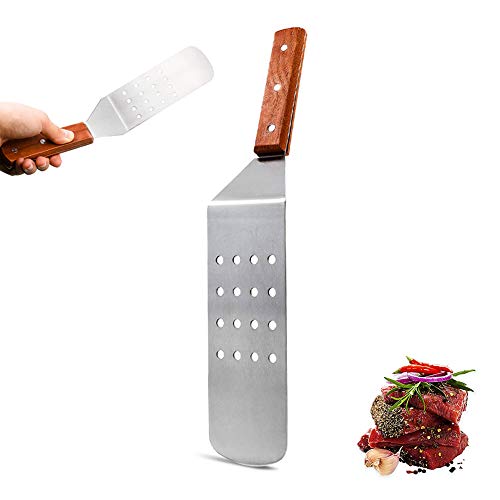 YFOX Utensilios de cocina con espátula de acero inoxidable,espátula con orificio,espátula oblicua con mango de madera,utilizada para barbacoa teppanyaki,es un buen ayudante en la cocina