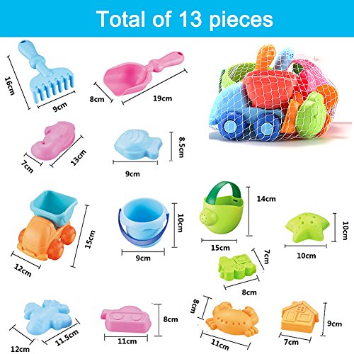 YIMORE Conjunto de Juguetes Arena para la Playa en Bolsa de Malla, moldes de Arena para niños, Colores Surtidos (13 Pedazos)