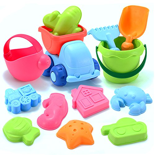 YIMORE Conjunto de Juguetes Arena para la Playa en Bolsa de Malla, moldes de Arena para niños, Colores Surtidos (13 Pedazos)