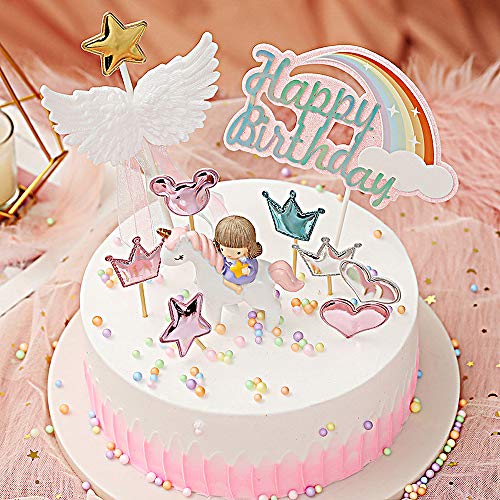 Yisika Decoración de Pastel de Unicornio,Decoración de Pastel de Cumpleaños,Las Decoraciones Rosadas Lindas de La Torta Incluyen Unicornio Alas de ángel Arco Iris para Cumpleaños de Niñas