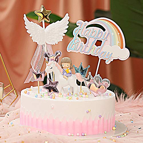 Yisika Decoración de Pastel de Unicornio,Decoración de Pastel de Cumpleaños,Las Decoraciones Rosadas Lindas de La Torta Incluyen Unicornio Alas de ángel Arco Iris para Cumpleaños de Niñas