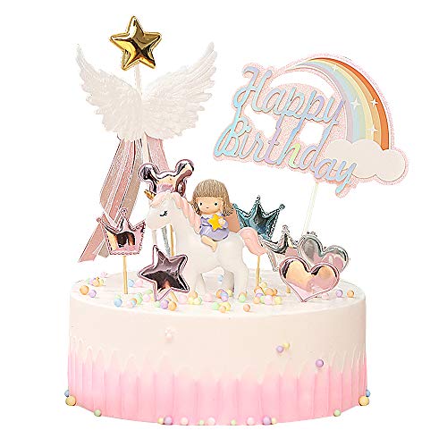 Yisika Decoración de Pastel de Unicornio,Decoración de Pastel de Cumpleaños,Las Decoraciones Rosadas Lindas de La Torta Incluyen Unicornio Alas de ángel Arco Iris para Cumpleaños de Niñas