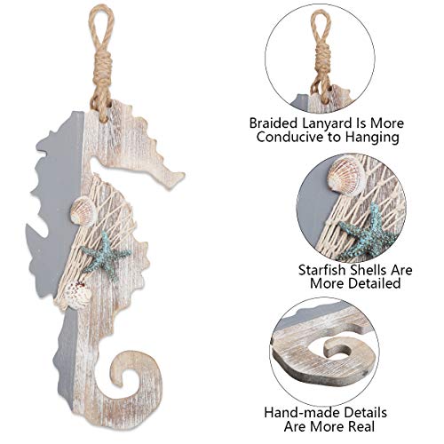 YiYa 30 CM Decoración de Madera Caballo de mar con Estrellas de mar y Conchas para decoración náutica, decoración de Pared Adorno Colgante de Puerta Tema de Playa Decoración del hogar.