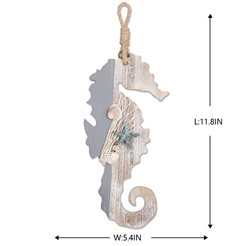 YiYa 30 CM Decoración de Madera Caballo de mar con Estrellas de mar y Conchas para decoración náutica, decoración de Pared Adorno Colgante de Puerta Tema de Playa Decoración del hogar.