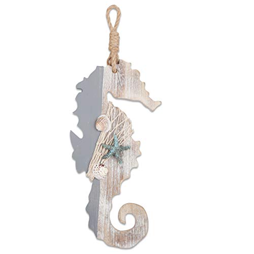 YiYa 30 CM Decoración de Madera Caballo de mar con Estrellas de mar y Conchas para decoración náutica, decoración de Pared Adorno Colgante de Puerta Tema de Playa Decoración del hogar.