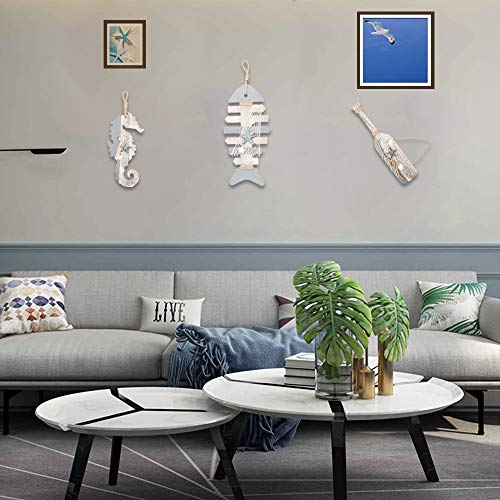 YiYa 30 CM Decoración de Madera Caballo de mar con Estrellas de mar y Conchas para decoración náutica, decoración de Pared Adorno Colgante de Puerta Tema de Playa Decoración del hogar.
