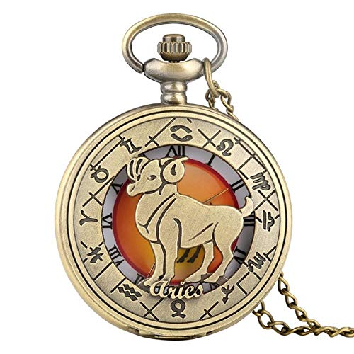 YJRIC Reloj de Bolsillo Reloj de Bolsillo con patrón de Zodiaco Retro, Collar Moderno, Cadena de Cobre, Doce Constelaciones, Colgante, Reloj de cumpleaños, Regalos para Hombres, Mujeres, Aries