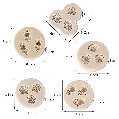 Ylinwtech 5 Piezas Moldes de Silicona de Flores,Moldes de Pastel de Silicona Fondant,Moldes Decorativos de Silicona para Tartas,para Fondant,Pasteles,Jabón,Bricolaje,Chocolate,Aromaterapia,Vela(Gris)