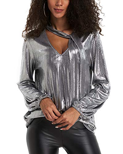 YOINS Camiseta Manga Larga Mujer Camisa Cuello V Blusa Brillante Metálico Sexy Tops Mangas Acampanadas Plata EU46