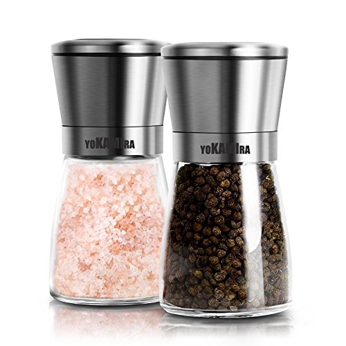 yokamira Molinillo de Sal y Pimienta, Molino Manual de Sal y Moledor Pimiento y Especias con Precisión de Grosor Ajustable Acero Inoxidable y Vidrio, Set de 2