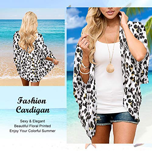 Yonhee - Kimono para mujer, diseño floral, para playa, estilo boho Blanco Negro + XL