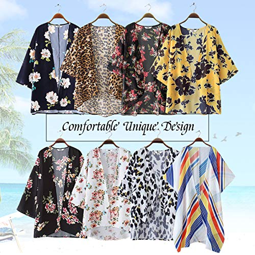 Yonhee - Kimono para mujer, diseño floral, para playa, estilo boho Blanco Negro + XL