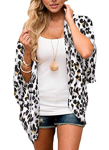 Yonhee - Kimono para mujer, diseño floral, para playa, estilo boho Blanco Negro + XL