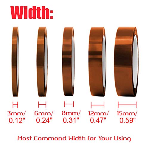 Youmile 5PCS Cinta de poliamida resistente al calor de alta temperatura Cinta 5 tamaños 3 mm, 6 mm, 8 mm, 12 mm, 15 mm Adhesivo de silicona para enmascarar con 2 piezas de cinta de teflón de 15 mm