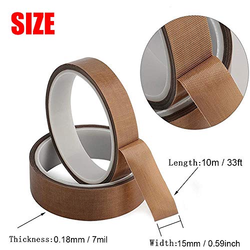 Youmile 5PCS Cinta de poliamida resistente al calor de alta temperatura Cinta 5 tamaños 3 mm, 6 mm, 8 mm, 12 mm, 15 mm Adhesivo de silicona para enmascarar con 2 piezas de cinta de teflón de 15 mm