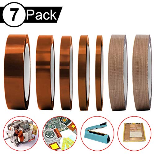Youmile 5PCS Cinta de poliamida resistente al calor de alta temperatura Cinta 5 tamaños 3 mm, 6 mm, 8 mm, 12 mm, 15 mm Adhesivo de silicona para enmascarar con 2 piezas de cinta de teflón de 15 mm