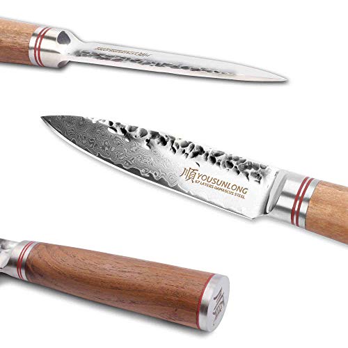 YOUSUNLONG Cuchillos para pelar Damasco Cuchillo para pelar 3.5 Pulgadas - VG10 japonés - Navaja de Acero Inoxidable de Alto Carbono - Mango de Madera de Nogal ergonómico
