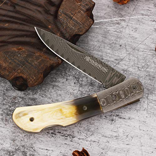 YOUSUNLONG Práctica Navaja de Bolsillo - Acero japonés de Damasco - Mango de asta de Toro