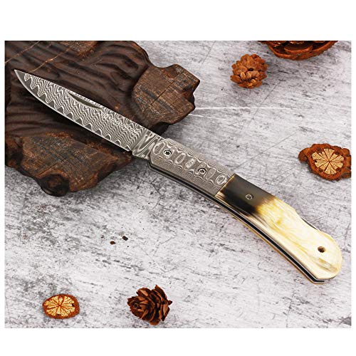 YOUSUNLONG Práctica Navaja de Bolsillo - Acero japonés de Damasco - Mango de asta de Toro