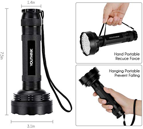 YOUTHINK UV LED Linterna Mejorada de 100 LED Lámpara Ultravioleta de luz Negra Detector de Orina para Perros y Gatos Ropa para Bebés Autenticar Moneda Fugas Peligrosas con Gafas de Seguridad