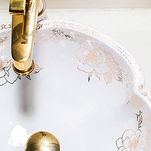 YRRA Lavabos De Pedestal Cerámica, Lavabo sobre Encimera Sin Desbordamiento para El Baño Facil De Limpiar, 410X410x160mm, Oro Y Blanco
