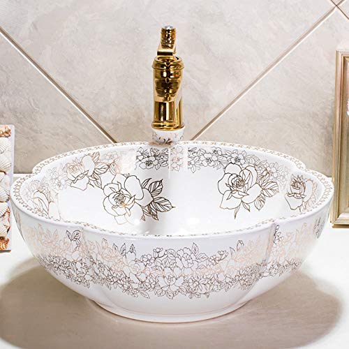 YRRA Lavabos De Pedestal Cerámica, Lavabo sobre Encimera Sin Desbordamiento para El Baño Facil De Limpiar, 410X410x160mm, Oro Y Blanco