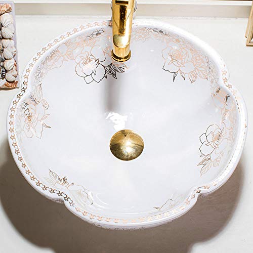 YRRA Lavabos De Pedestal Cerámica, Lavabo sobre Encimera Sin Desbordamiento para El Baño Facil De Limpiar, 410X410x160mm, Oro Y Blanco