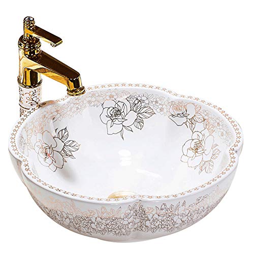 YRRA Lavabos De Pedestal Cerámica, Lavabo sobre Encimera Sin Desbordamiento para El Baño Facil De Limpiar, 410X410x160mm, Oro Y Blanco