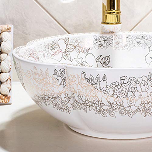 YRRA Lavabos De Pedestal Cerámica, Lavabo sobre Encimera Sin Desbordamiento para El Baño Facil De Limpiar, 410X410x160mm, Oro Y Blanco