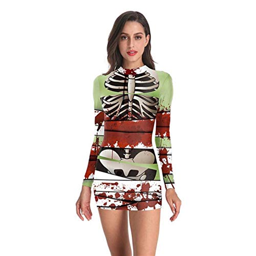 YUANCHENG Vestido de Mujer Vestido de Hombro frío con Estampado de Manchas de Sangre de Esqueleto de Halloween, Multicolor, S