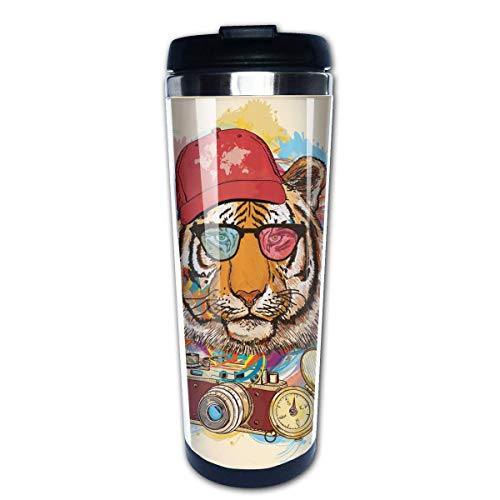 Yuanmeiju Hipster Rapper Tiger con gafas de sol Tazas de café Botella de agua de acero inoxidable Taza de viaje Taza de café para mujeres hombres niños adolescentes adultos Hogar al aire libre
