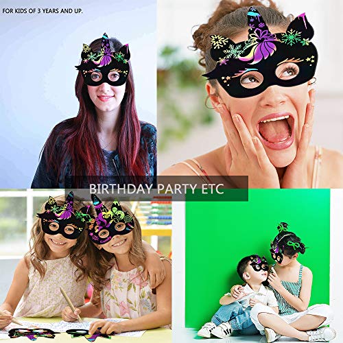 YUANXIASM 12pcs Scratch Art Máscaras niños DIY Masks Dibujo Scratch Láminas para Rascar Creativas Papel Niños Dibujar Paper Halloween Máscaras mágicas para niños Rainbow Unicornio Rascado Imágenes