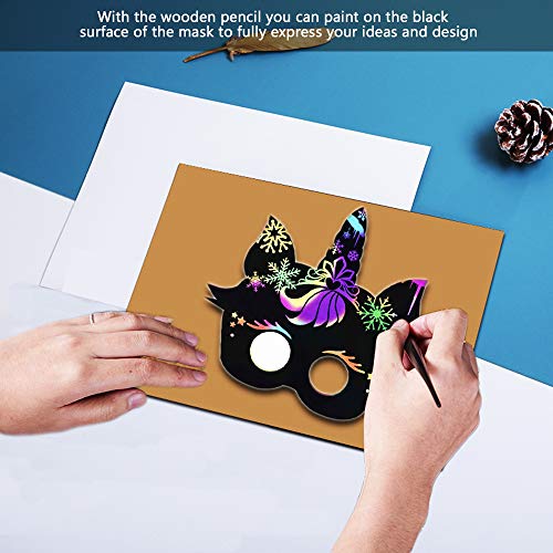 YUANXIASM 12pcs Scratch Art Máscaras niños DIY Masks Dibujo Scratch Láminas para Rascar Creativas Papel Niños Dibujar Paper Halloween Máscaras mágicas para niños Rainbow Unicornio Rascado Imágenes