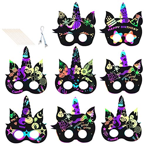 YUANXIASM 12pcs Scratch Art Máscaras niños DIY Masks Dibujo Scratch Láminas para Rascar Creativas Papel Niños Dibujar Paper Halloween Máscaras mágicas para niños Rainbow Unicornio Rascado Imágenes