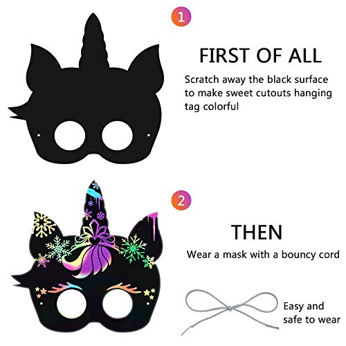 YUANXIASM 12pcs Scratch Art Máscaras niños DIY Masks Dibujo Scratch Láminas para Rascar Creativas Papel Niños Dibujar Paper Halloween Máscaras mágicas para niños Rainbow Unicornio Rascado Imágenes
