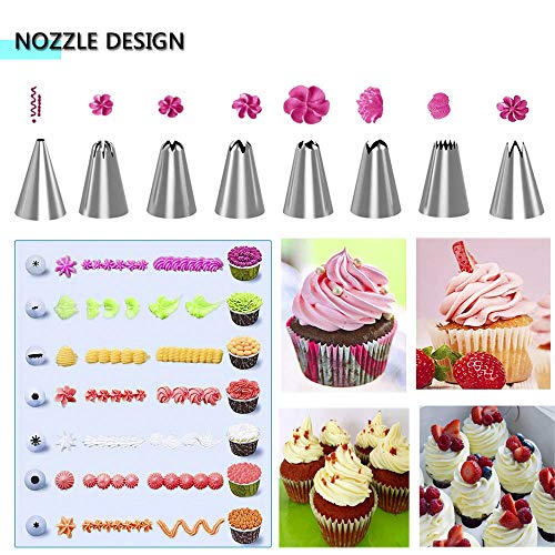 YUANXIASM Boquillas para Manga Pastelera 8 Boquillas Set Rusas Grandes, Acoplador, Bolsa de Silicona y Mas Accesorios para Hornear Juego de Decoración para Cupcakes, Decoración de Pasteles (Rosado)