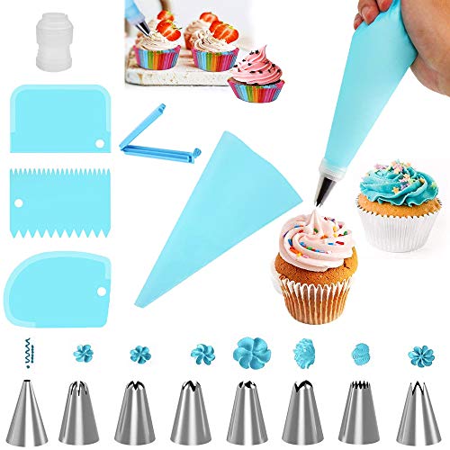 YUANXIASM Boquillas para Manga Pastelera 8 Boquillas Set Rusas Grandes, Acoplador, Bolsa de Silicona y Mas Accesorios para Hornear Juego de Decoración para Cupcakes, Decoración de Pasteles (Azul)