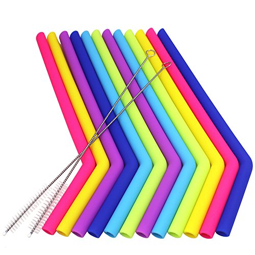 YuCool - Juego de 12 pajitas de silicona, reutilizables, extralargas con 2 cepillos para vaso Yeti Rtic, diámetro 0.45 pulgadas, longitud 9.6'' – 6 colores