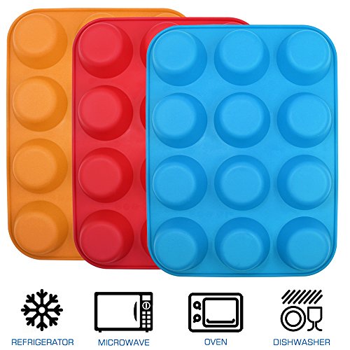 YuCool - Moldes de silicona para magdalenas, tartas, sin BPA, aptos para microondas (naranja, rojo, azul)