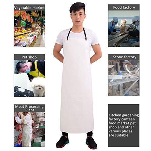 YUENA CARE Delantal de Carnicero Impermeable, Largo Mandil de Trabajo de PU para Matadero, Fábrica, Restaurante Cocina, Barbacoa, Lavavajillas, Lavaplato Blanco