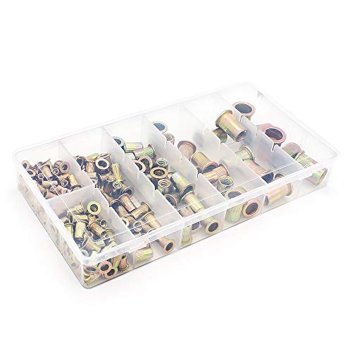 Yuhtech 165 Pcs Juego de Tuercas Remachadas Acero al Carbono Galvanizadas M3/M4/M5/M6/M8/M12, Tuerca de remache Cabeza plana Roscado