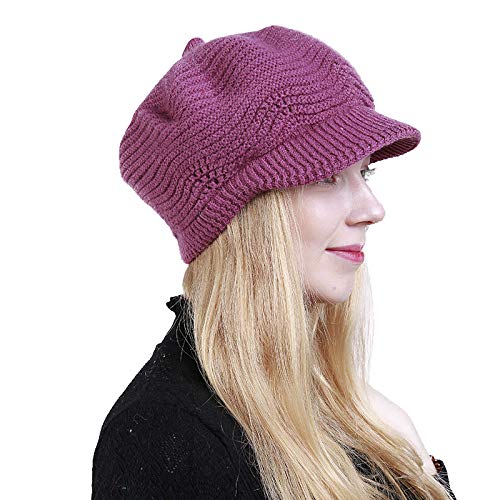 Yuson Girl Sombrero del cráneo de la Gorrita Tejida de Slouchy Cable Knit Beanie del Invierno de Las Mujeres con el Visera (Púrpura)