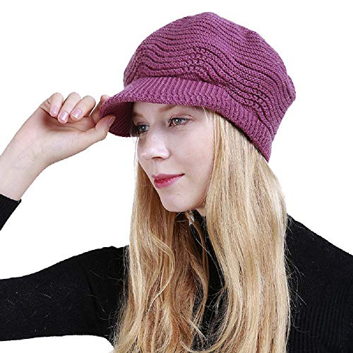 Yuson Girl Sombrero del cráneo de la Gorrita Tejida de Slouchy Cable Knit Beanie del Invierno de Las Mujeres con el Visera (Púrpura)