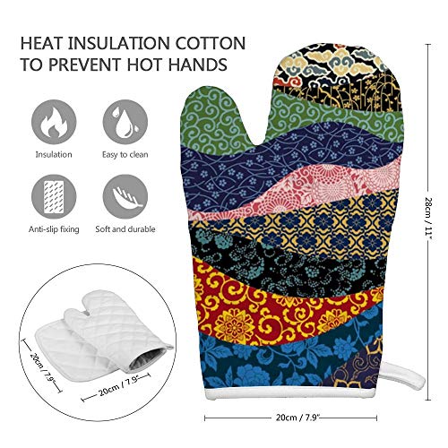 Yutess Patchwork Vector Oriental - Manoplas de horno con patrón sin costuras, resistente al calor, guantes de cocina antideslizantes para barbacoa y hornear